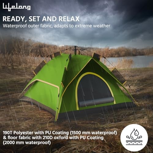 Lifelong Quick Pop-up Camping Tent with Glass Fiber Tent Poles, Superior Air Ventilation, Waterproof with PU Coating for Air Tent-House, Portable & Foldable for Camping 2 Person Green - Image 4