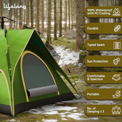 Lifelong Quick Pop-up Camping Tent with Glass Fiber Tent Poles, Superior Air Ventilation, Waterproof with PU Coating for Air Tent-House, Portable & Foldable for Camping 2 Person Green - Image 5
