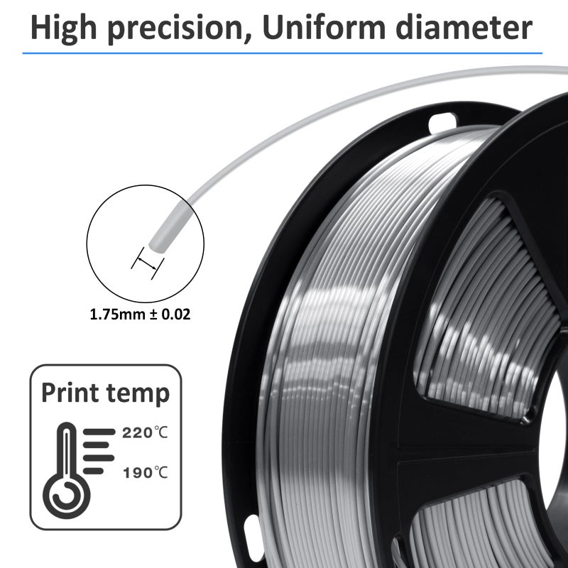 GIANTARM Silk Metallic Silver PLA 3D Printer Filament 1kg Spool, 1.75mm Dimensional Accuracy +/-0.03mm, 1080 Feet per Roll, Vacuum Packaging - Image 3