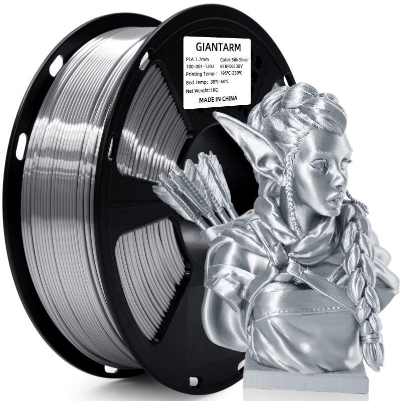 GIANTARM Silk Metallic Silver PLA 3D Printer Filament 1kg Spool, 1.75mm Dimensional Accuracy +/-0.03mm, 1080 Feet per Roll, Vacuum Packaging - Image 1