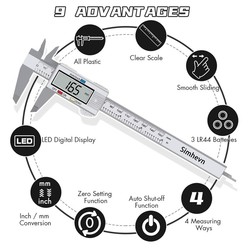 Simhevn Electronic Digital Caliper, LCD | 0 to 6 inch inch/mm Conversion, Automatic Shutdown Function, Very Suitable for Home/Jewelry/DIY Measurement, etc - Image 4