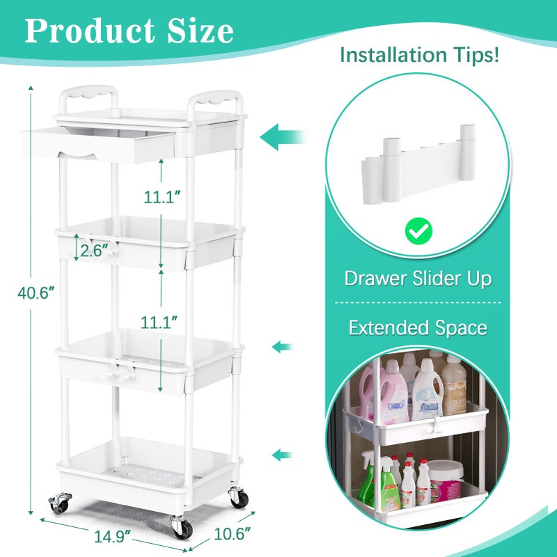 SUNALLY 4 Tier Rolling Utility Cart with Drawer, Storage Organizer Cart with 2 Lockable Wheels, Multifunctional Rolling Storage Cart for Bathroom, Kitchen, Craft, Makeup, Baby Essentials, White - Image 2