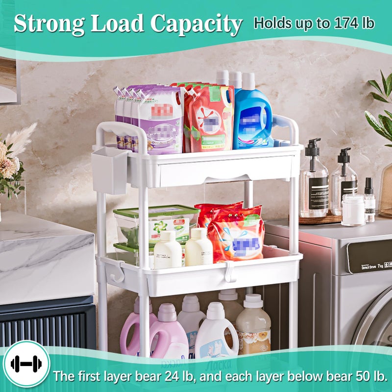 SUNALLY 4 Tier Rolling Utility Cart with Drawer, Storage Organizer Cart with 2 Lockable Wheels, Multifunctional Rolling Storage Cart for Bathroom, Kitchen, Craft, Makeup, Baby Essentials, White - Image 5