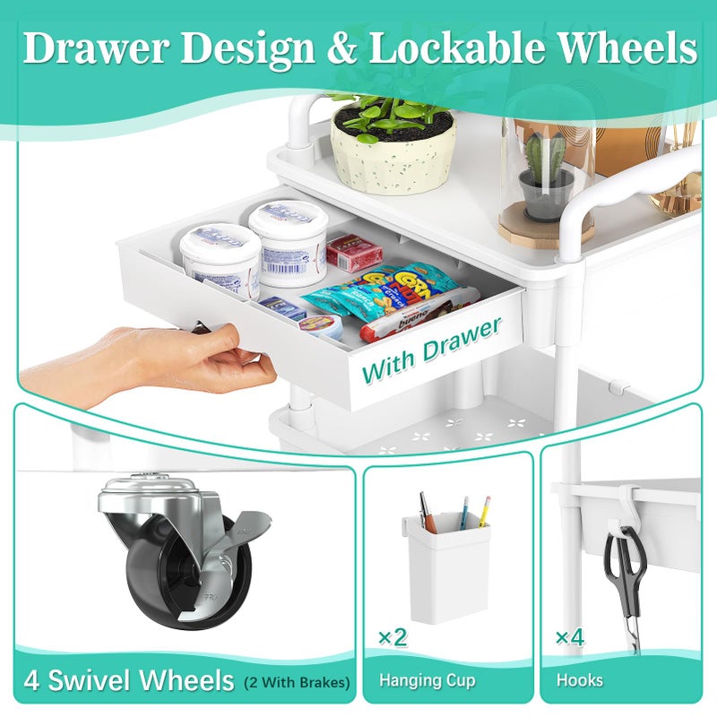 SUNALLY 4 Tier Rolling Utility Cart with Drawer, Storage Organizer Cart with 2 Lockable Wheels, Multifunctional Rolling Storage Cart for Bathroom, Kitchen, Craft, Makeup, Baby Essentials, White - Image 3
