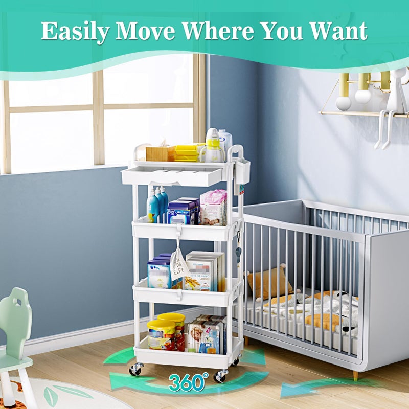 SUNALLY 4 Tier Rolling Utility Cart with Drawer, Storage Organizer Cart with 2 Lockable Wheels, Multifunctional Rolling Storage Cart for Bathroom, Kitchen, Craft, Makeup, Baby Essentials, White - Image 4