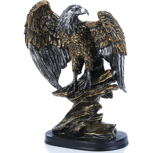H&W 10.25" Tall Patriotic Eagle On Rocks Statue Wild Bird Eagle Decorative Bronze Patina Resin Figurine - Image 1