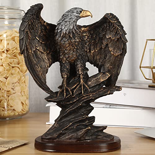 H&W 10.25" Tall Patriotic Eagle On Rocks Statue Wild Bird Eagle Decorative Bronze Patina Resin Figurine - Image 2