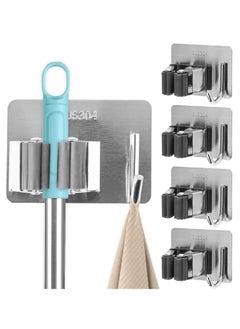Arabest Broom and Mop Holder, Stainless Steel Broom Storage Holder, Self Adhesive Anti-Slip Adhesive Hook Broom Holder Wall Mount, Mop Gripper with Hook for Kitchen Bathroom Closet Garden Garage,4 pcs,Silver  - Image 1