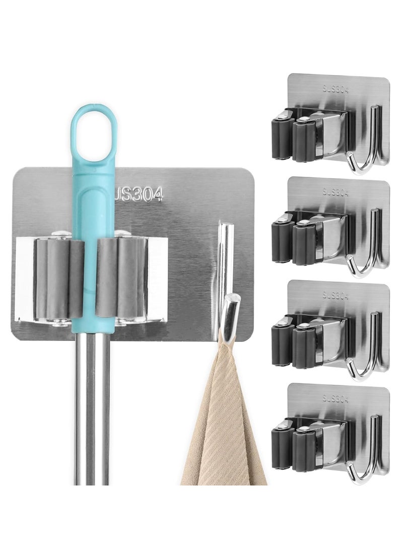 Arabest Broom and Mop Holder, Stainless Steel Broom Storage Holder, Self Adhesive Anti-Slip Adhesive Hook Broom Holder Wall Mount, Mop Gripper with Hook for Kitchen Bathroom Closet Garden Garage,4 pcs,Silver  - Image 1