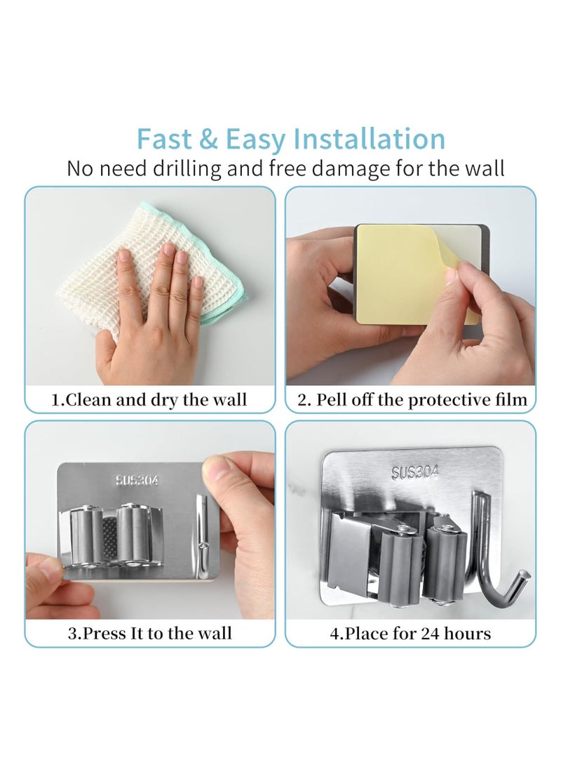 Arabest Broom and Mop Holder, Stainless Steel Broom Storage Holder, Self Adhesive Anti-Slip Adhesive Hook Broom Holder Wall Mount, Mop Gripper with Hook for Kitchen Bathroom Closet Garden Garage,4 pcs,Silver  - Image 5