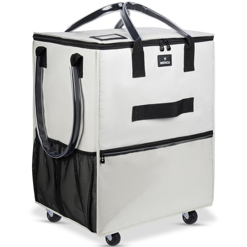 MRINCA Large Reusable Grocery Bag On Wheels, 130L Foldable Rolling Tote with 5 Wheels, Multiple Pockets, Zippered Top & Heavy Duty Handle, Lightweight Shopping Cart for Groceries, Travel, Beige - Image 1