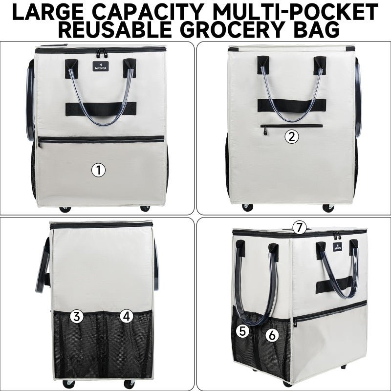 MRINCA Large Reusable Grocery Bag On Wheels, 130L Foldable Rolling Tote with 5 Wheels, Multiple Pockets, Zippered Top & Heavy Duty Handle, Lightweight Shopping Cart for Groceries, Travel, Beige - Image 3