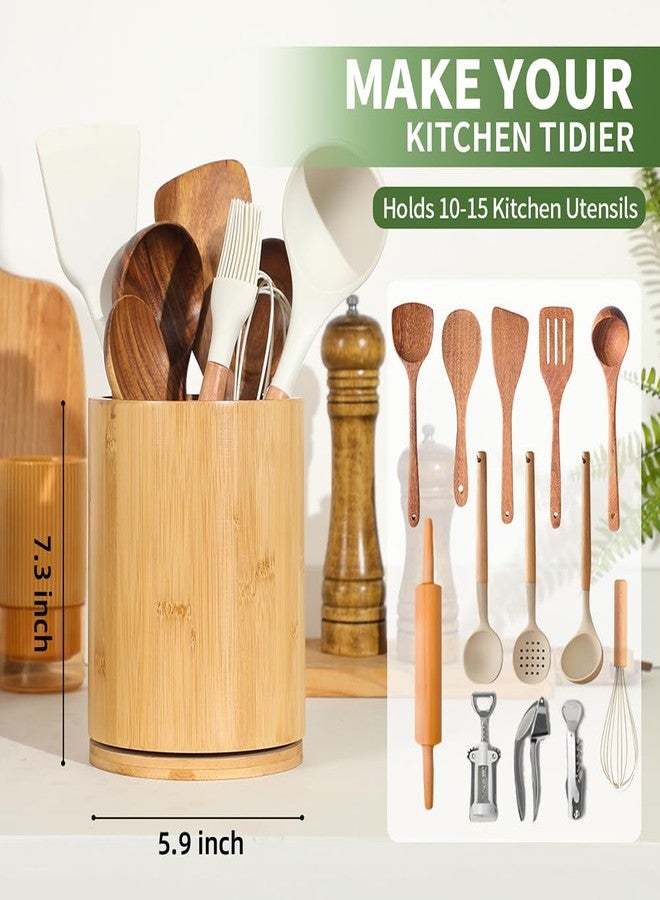 gorsent Wooden Utensil Holder, 360°Rotating 7.3'' Large Kitchen Utensil Holder for Kitchen Counter, Kitchen Utensil Organizer, Utensil Crock, Farmhouse Kitchen Countertop Decor, Bamboo Utensil Holder - Image 2