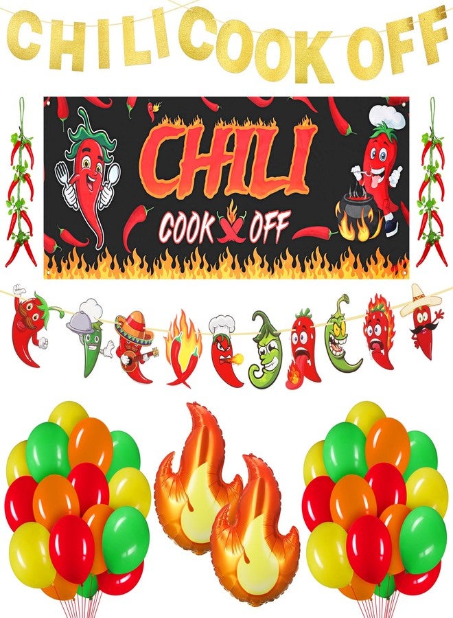 RoundFunny 31 Pcs Chili Cook off Decorations Include Chili Cook off Banner Fire Foil Balloons Latex Balloon Artificial Hanging Pepper String for Chili Festival Party Supplies Fiesta Home Farm Wall - Image 1