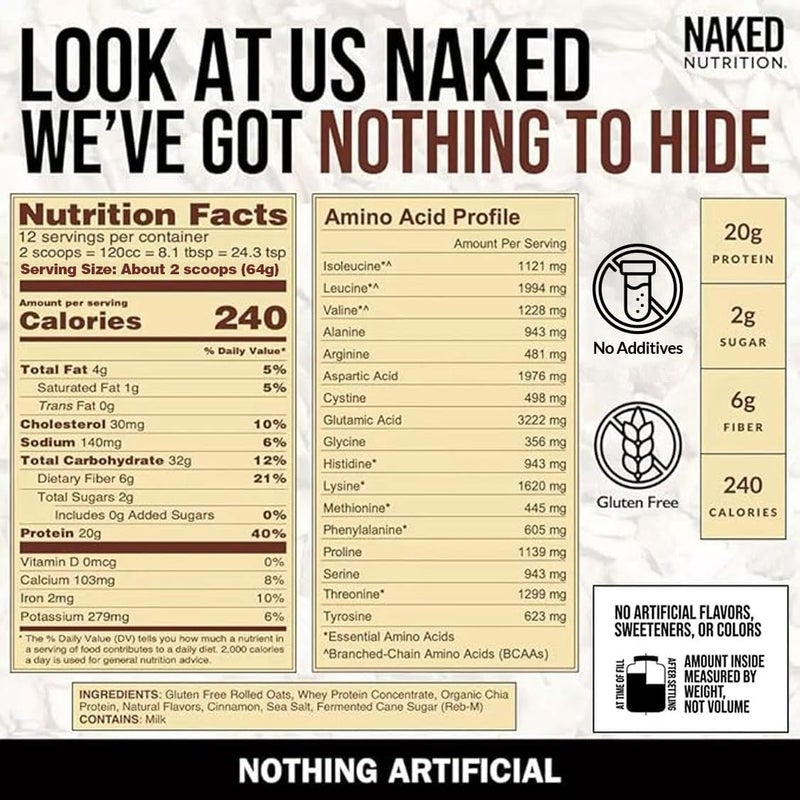 Naked Nutrition Naked Oats - Cinnamon Roll Flavored Oatmeal with 20G Protein, Gluten Free Instant Oatmeal for Breakfast or Smoothies - Image 2