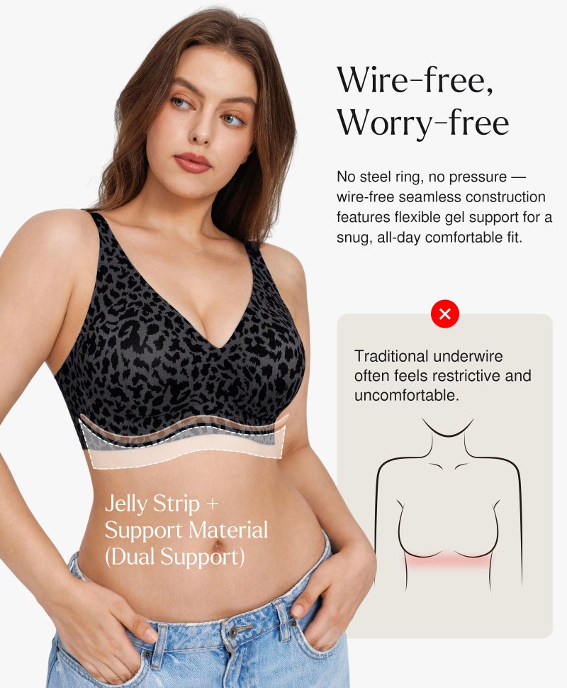 Popilush Push Up Bras for Women - Wireless Comfortable Bra Seamless Bralette Full Coverage Deep V Leopard Print Bra Everyday Bras - Image 2