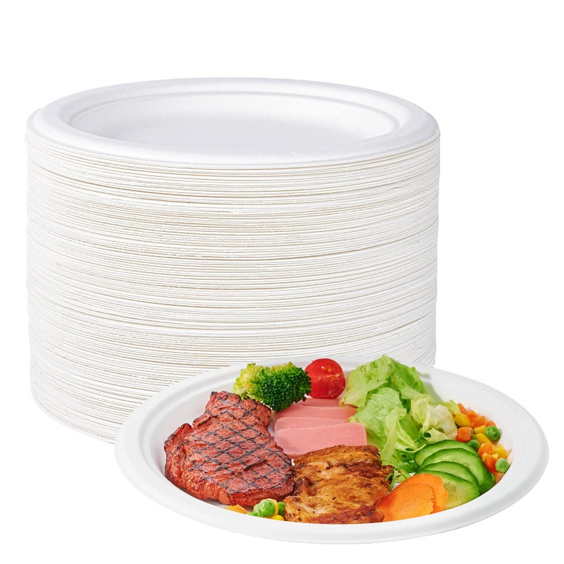 ECOLipak 100% Compostable 10 Inch Heavy Duty Paper Plates  150 Pack Disposable Biodegradable Eco-friendly Sugarcane Bagasse Plates for Dinner Party(White) - Image 1