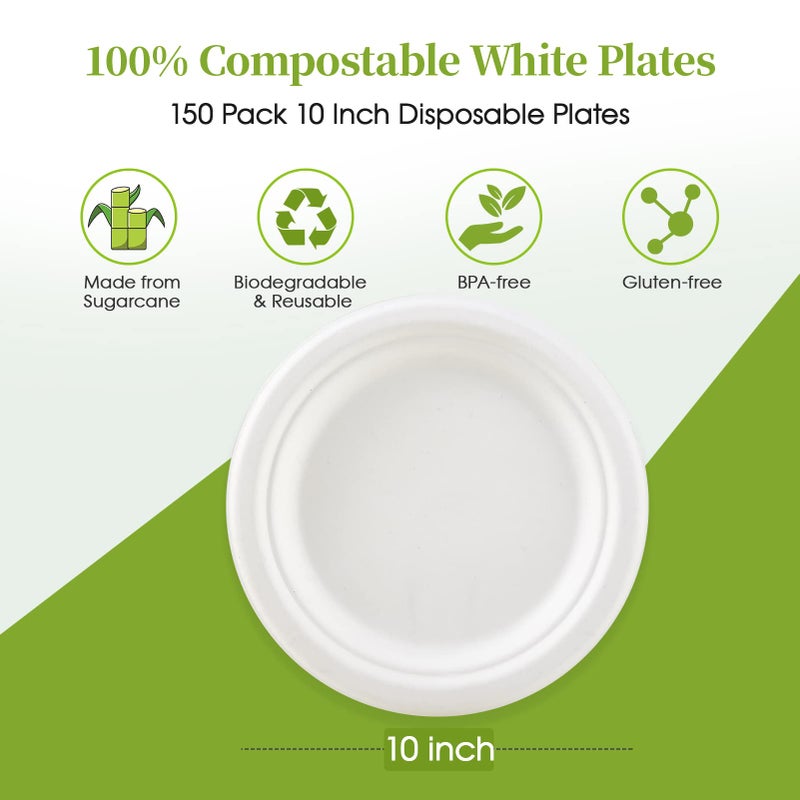 ECOLipak 100% Compostable 10 Inch Heavy Duty Paper Plates  150 Pack Disposable Biodegradable Eco-friendly Sugarcane Bagasse Plates for Dinner Party(White) - Image 2