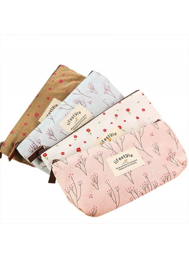 AKIRO Pencil Case, Cute Floral Flower Canvas Zipper Pencil Cases Lovely Fabric Flower Tree Pen Bags Supplies 4 Pcs - Image 1