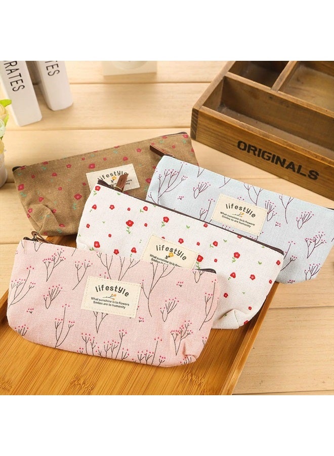 AKIRO Pencil Case, Cute Floral Flower Canvas Zipper Pencil Cases Lovely Fabric Flower Tree Pen Bags Supplies 4 Pcs - Image 3