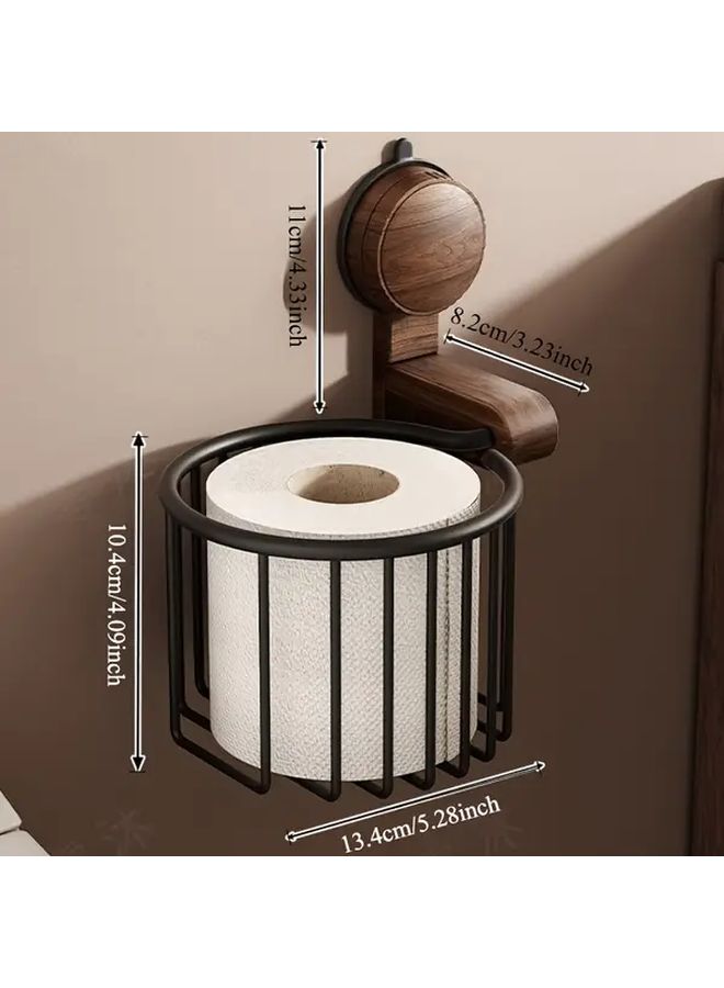 Black Walnut Suction Cup Toilet Paper Holder No Drill Wall Mounted Bathroom Storage Rack - Image 3