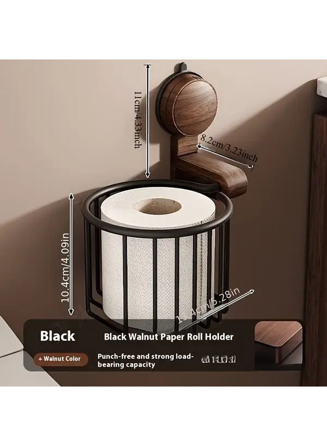 Black Walnut Suction Cup Toilet Paper Holder No Drill Wall Mounted Bathroom Storage Rack - Image 5