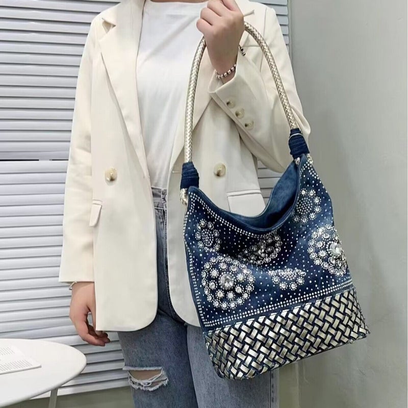 Fashion Retro Diamond-Encrusted Tote Bag New Large-Capacity Diamond Denim Casual Shoulder Bag Mother Bag - Image 4