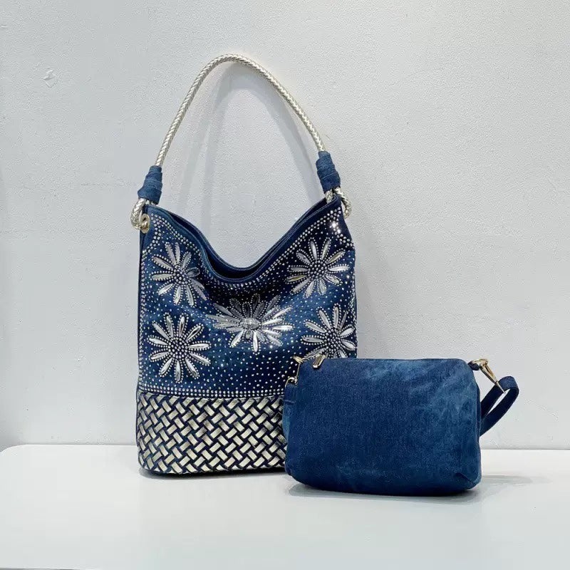 Fashion Retro Diamond-Encrusted Tote Bag New Large-Capacity Diamond Denim Casual Shoulder Bag Mother Bag - Image 2