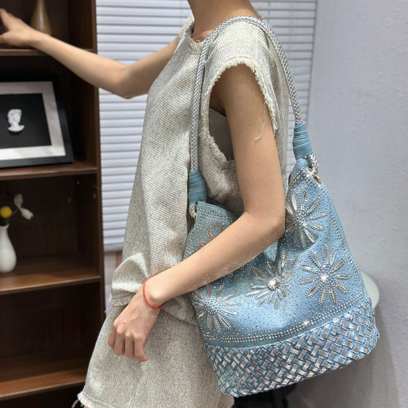 Fashion Retro Diamond-Encrusted Tote Bag New Large-Capacity Diamond Denim Casual Shoulder Bag Mother Bag - Image 5