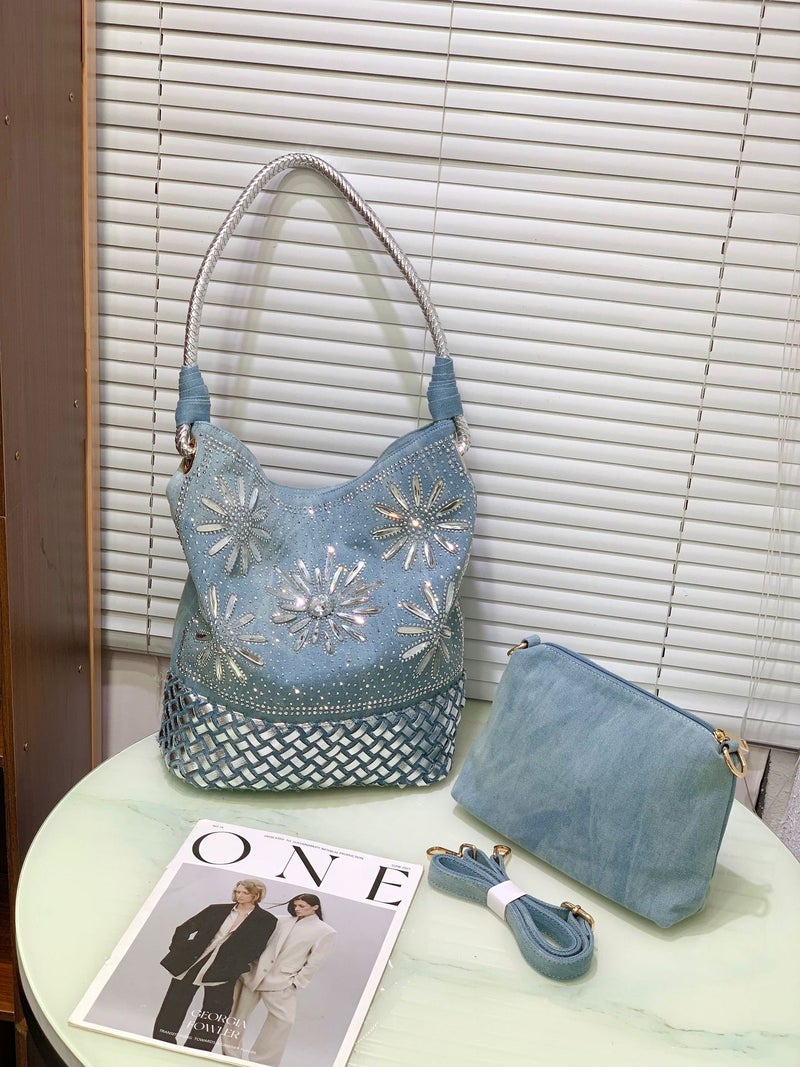 Fashion Retro Diamond-Encrusted Tote Bag New Large-Capacity Diamond Denim Casual Shoulder Bag Mother Bag - Image 1