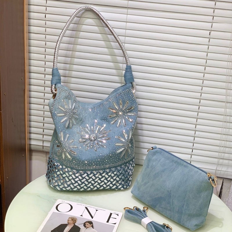 Fashion Retro Diamond-Encrusted Tote Bag New Large-Capacity Diamond Denim Casual Shoulder Bag Mother Bag - Image 3