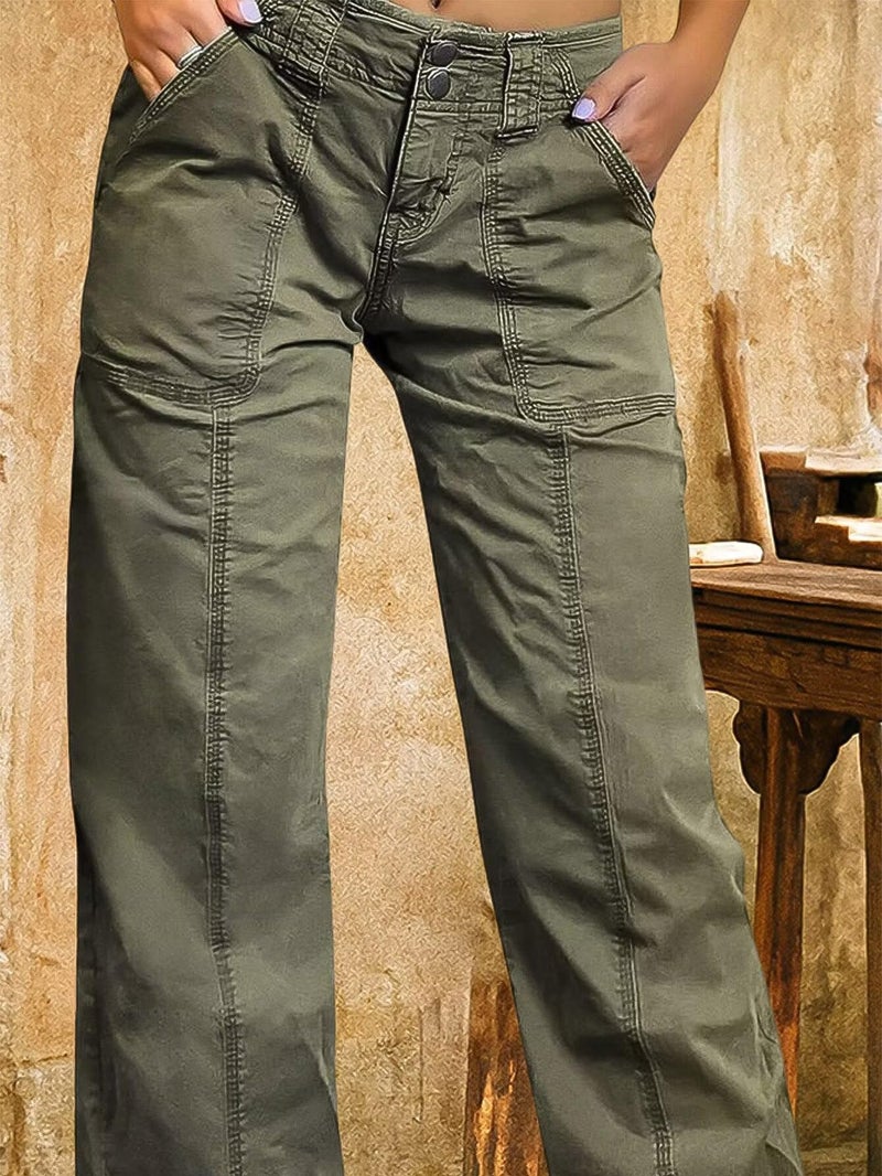Flamingals Women Straight Leg Mid Rise Casual Solid Seam Front Flap Pocket Pants Green XL - Image 2