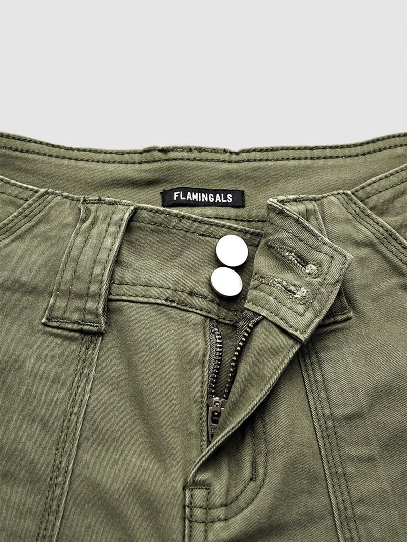 Flamingals Women Straight Leg Mid Rise Casual Solid Seam Front Flap Pocket Pants Green XL - Image 4