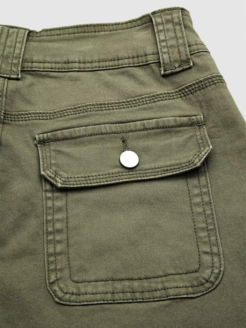 Flamingals Women Straight Leg Mid Rise Casual Solid Seam Front Flap Pocket Pants Green XL - Image 3