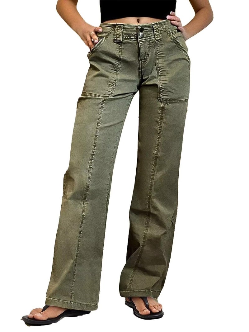 Flamingals Women Straight Leg Mid Rise Casual Solid Seam Front Flap Pocket Pants Green XL - Image 1