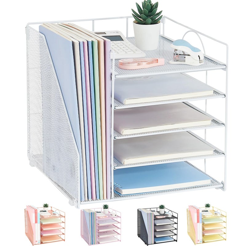 LEKETREE Desk Organizers and Accessories 5Tier Paper Letter Tray Organizer with File Holder Desktop Organizer for Office Supplies White