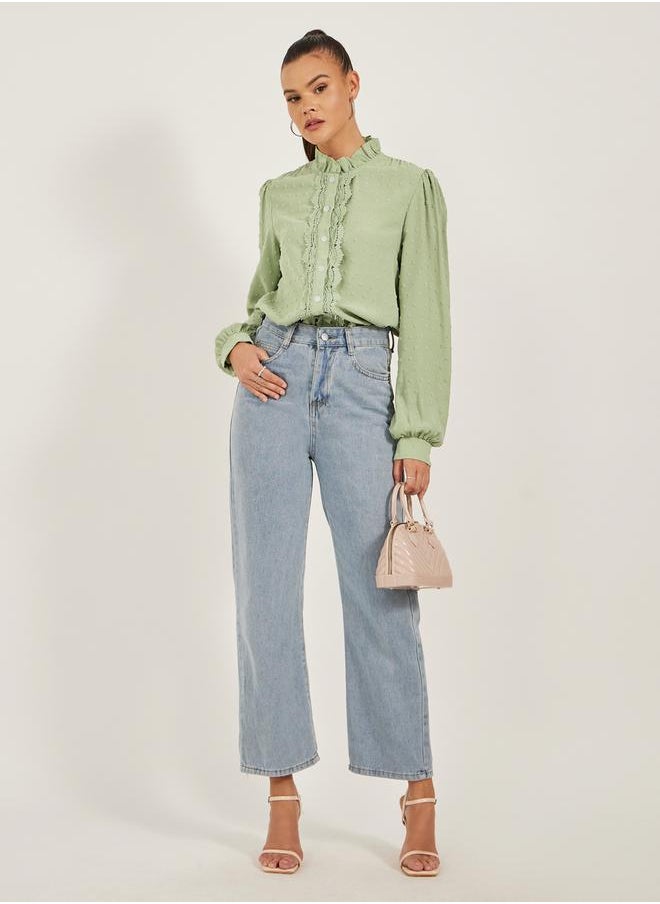 Styli Dobby Button Down Regular Fit Top with Lace Detail  - Image 2