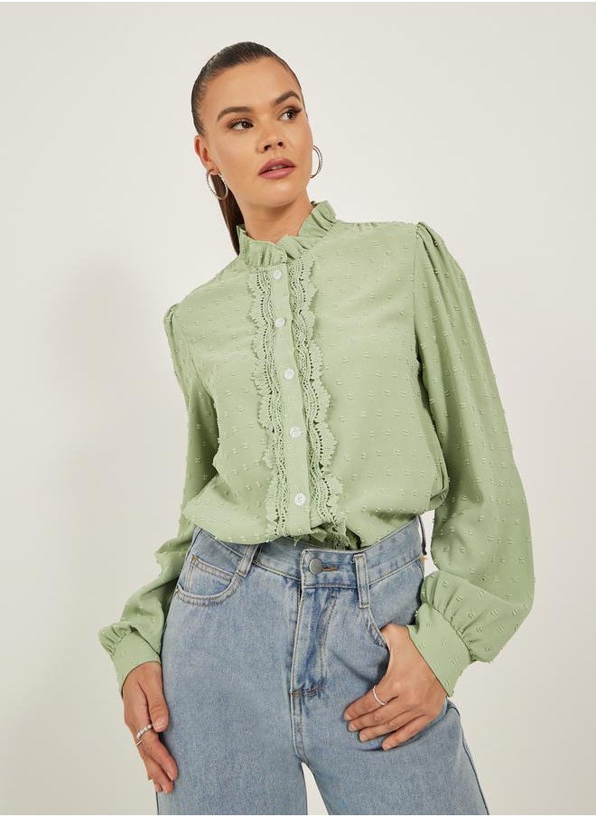 Styli Dobby Button Down Regular Fit Top with Lace Detail  - Image 1