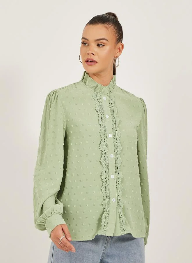 Styli Dobby Button Down Regular Fit Top with Lace Detail