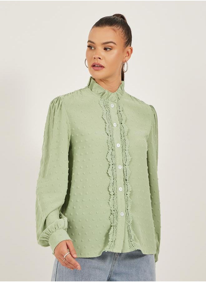 Styli Dobby Button Down Regular Fit Top with Lace Detail  - Image 3