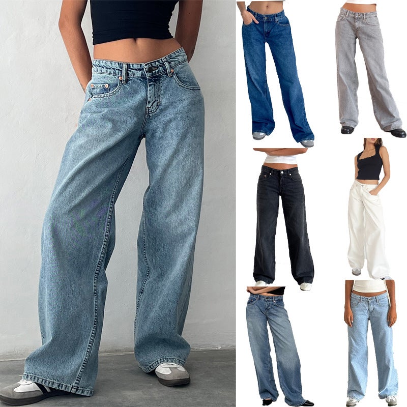 Women's Low-Rise Washed Straight-Leg Non-Stretch Denim Jeans, Full Length Vintage Street Style - Image 2