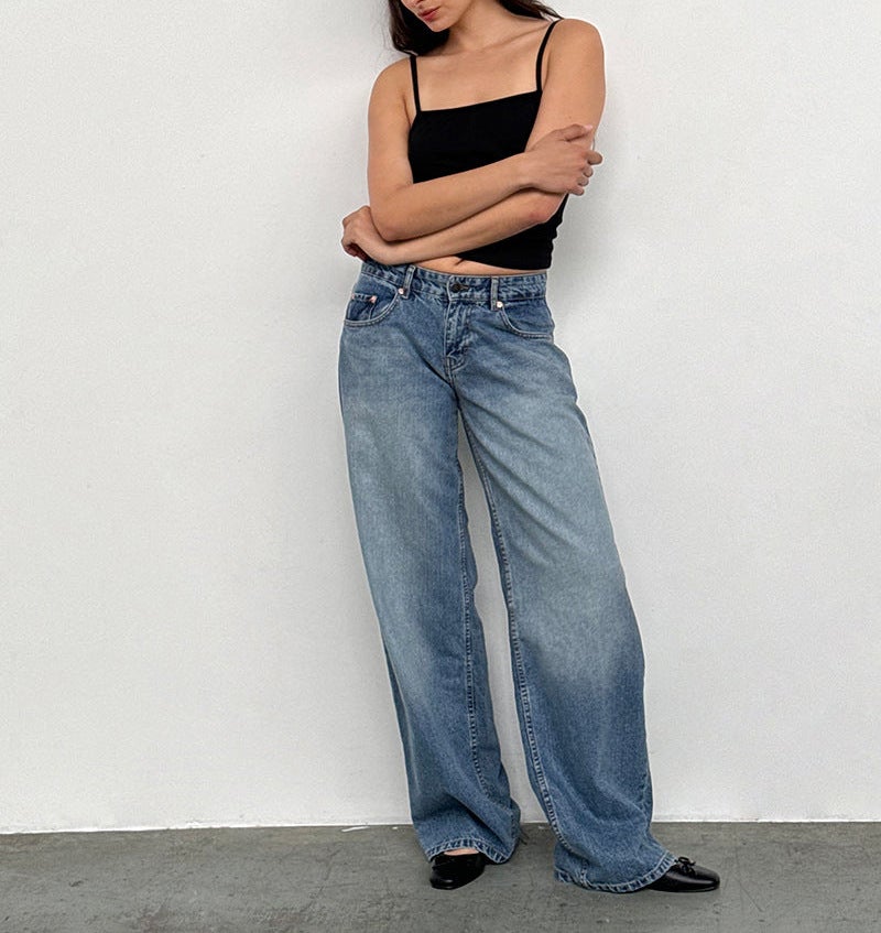 Women's Low-Rise Washed Straight-Leg Non-Stretch Denim Jeans, Full Length Vintage Street Style - Image 1
