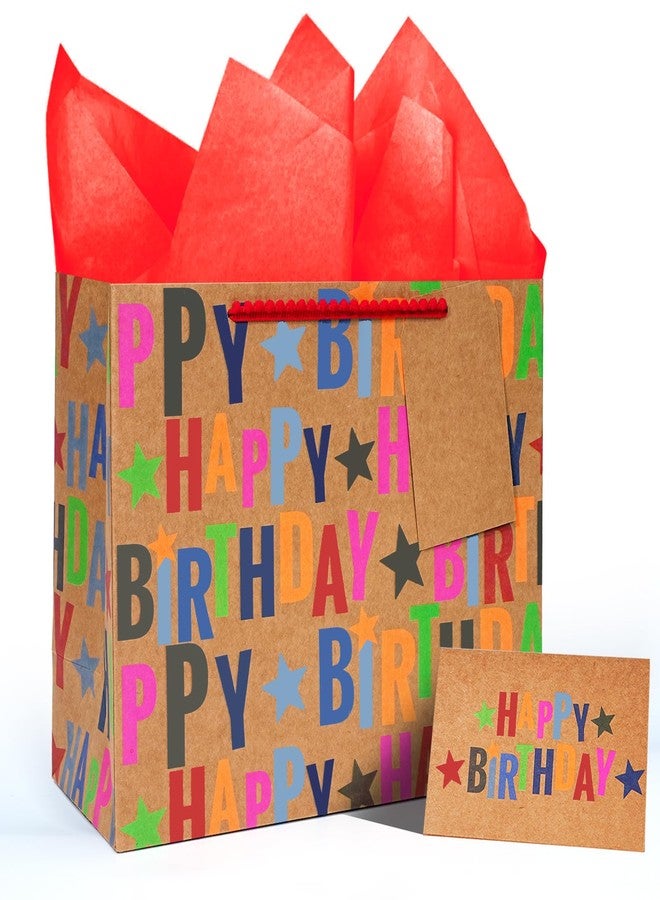 LaRibbons 13" Large Kraft Birthday Gift Bag with Tissue Paper and Greeting Card, Colorful Text Happy Birthday and Stars Design, Perfect for Boys, Girls, Kids, Men - Image 1