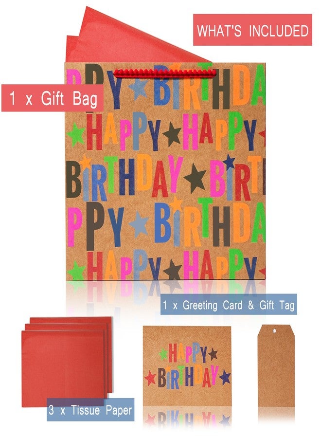 LaRibbons 13" Large Kraft Birthday Gift Bag with Tissue Paper and Greeting Card, Colorful Text Happy Birthday and Stars Design, Perfect for Boys, Girls, Kids, Men - Image 2