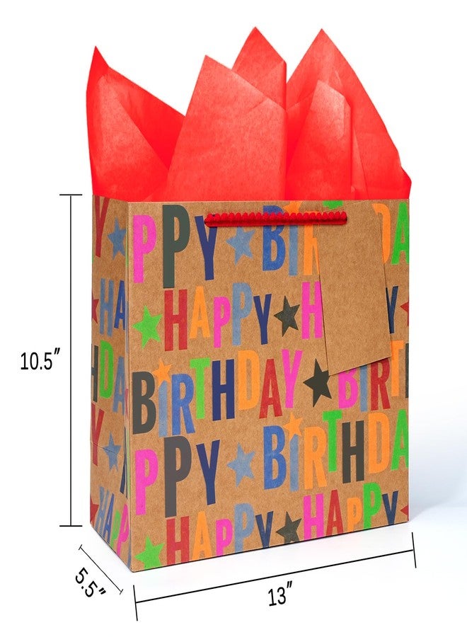 LaRibbons 13" Large Kraft Birthday Gift Bag with Tissue Paper and Greeting Card, Colorful Text Happy Birthday and Stars Design, Perfect for Boys, Girls, Kids, Men - Image 3