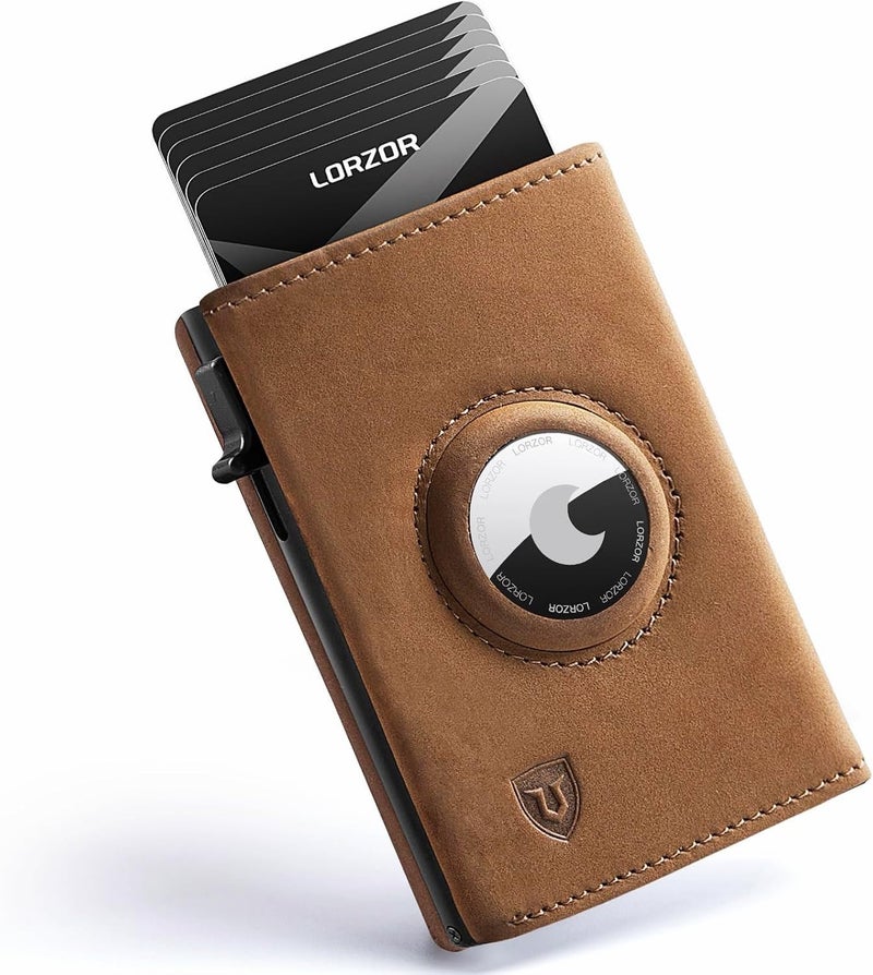 LORZOR AirTag Wallet - Full Grain Leather, Mens Minimalist Wallet with Apple Air Tag Holder, Slim Smart Pop up Card Case, ID Window, RFID Blocking, Front Pocket (AirTag Not Included) - Image 1