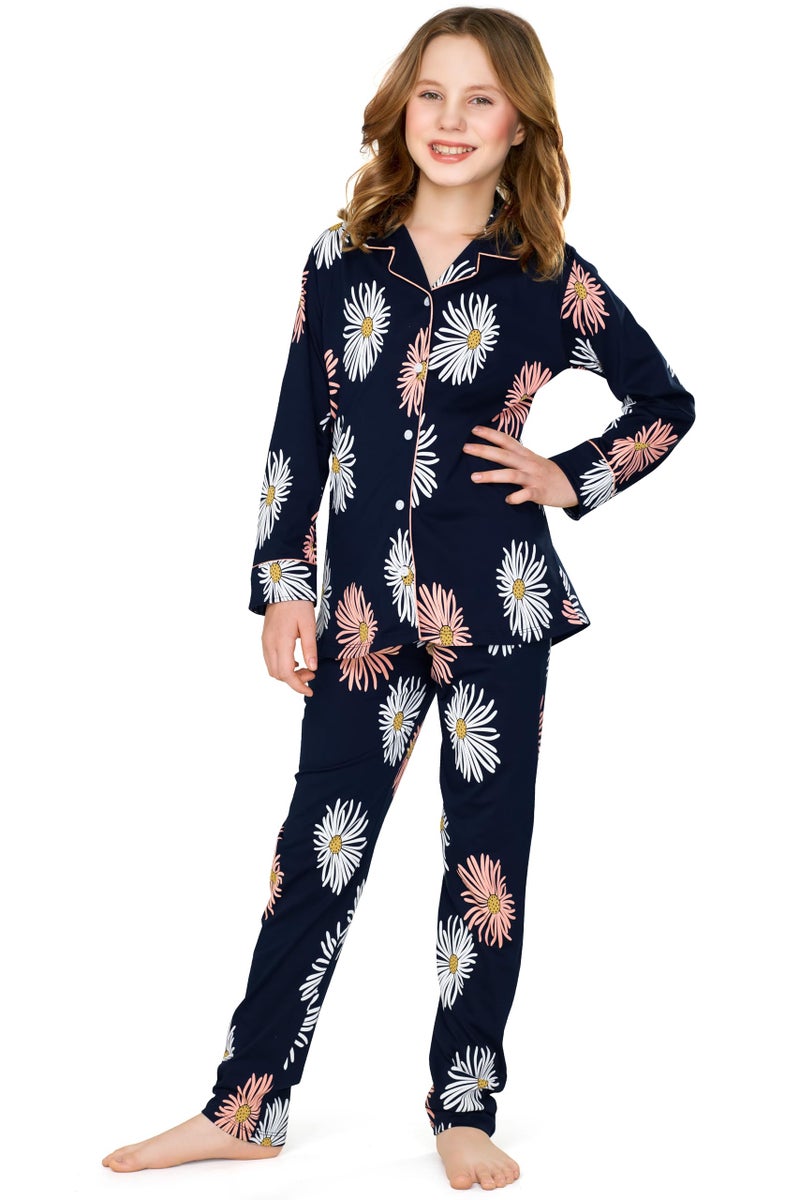 ZEYO Night Suit for Girl's Navy Blue Floral Printed Cotton Night Dress of Shirt and Pajama Set 5538 - Image 1