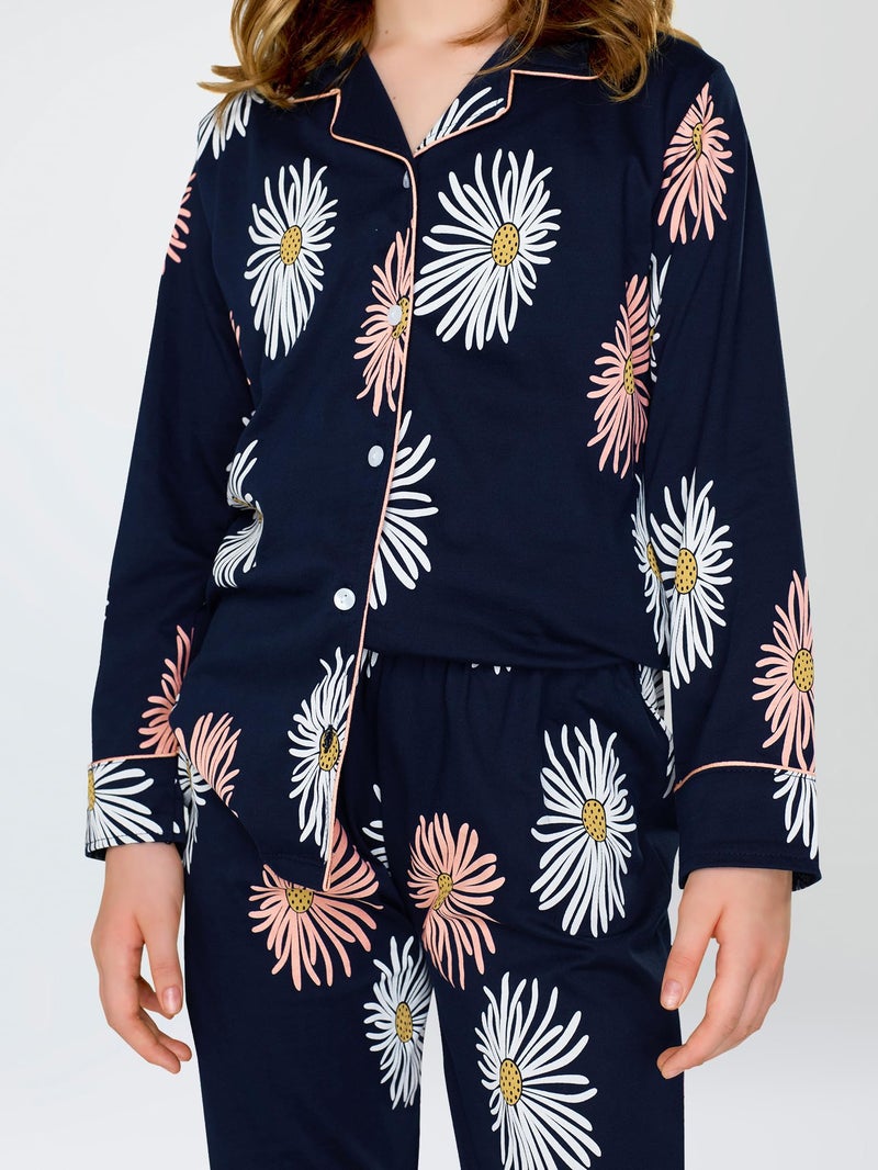 ZEYO Night Suit for Girl's Navy Blue Floral Printed Cotton Night Dress of Shirt and Pajama Set 5538 - Image 2