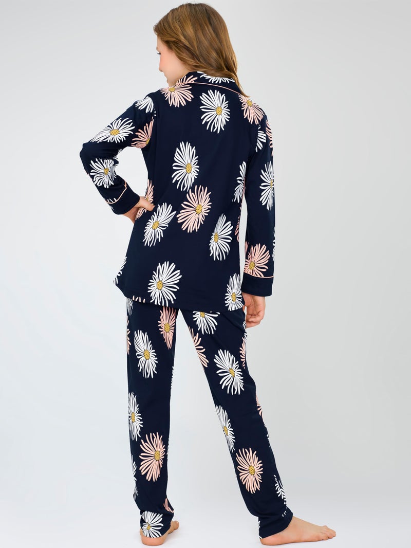 ZEYO Night Suit for Girl's Navy Blue Floral Printed Cotton Night Dress of Shirt and Pajama Set 5538 - Image 5