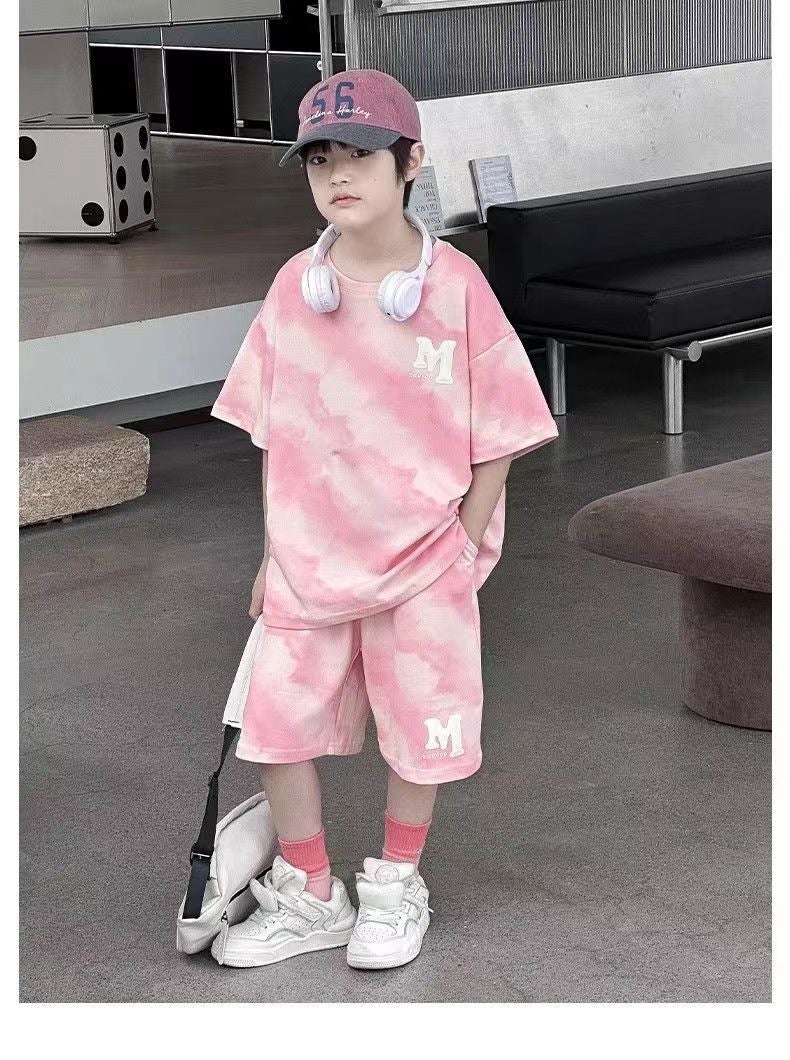Boys Summer Wear Childrens Wear T-shirt Short-sleeved Two-piece Set Medium and Large Childrens Clothes Summer Handsome Boys suit 2024 New Arrival Pink